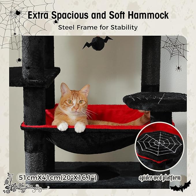 PAWZ Road Large Cat Tree, 72 Inches Gothic Cat Tower for Large Cats, Cat Condo with Sisal-Covered Scratching Posts and Pads, 2 Padded Perch, Dual Condo and Basket for Indoor Cats-Black-Mewly Pet