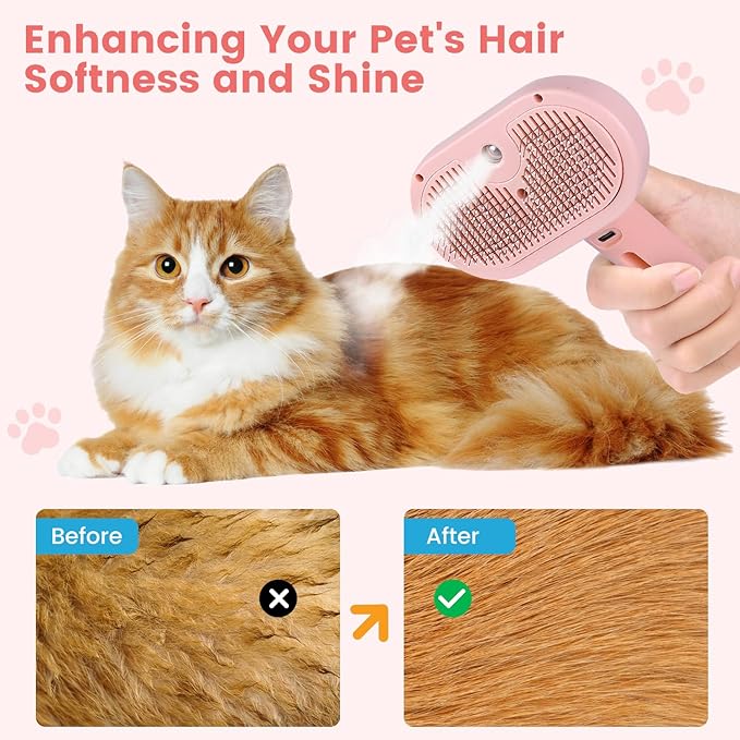 Steam Brush for Shedding Pets - Self-Cleaning Grooming Comb with Water Tank for Long & Short Haired Cats and Dogs (Pink)-Mewly Pet
