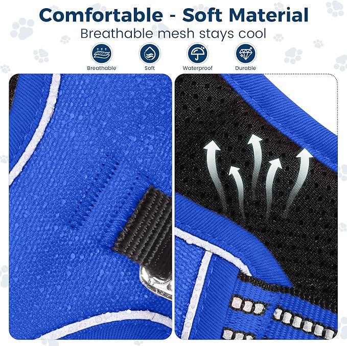 Funfox Dog Harness No Pull, Adjustable Pet Vest Harness, Super Soft Material with Vertical Handle Easy Control, Reflective Night Walking, 2 Leash Clips for Medium Sized Dogs, Blue, M-Mewly Pet