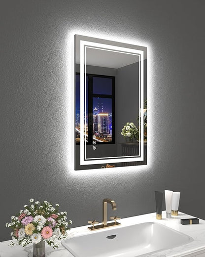 LED Mirror for Bathroom, 20x28 Inch Lighted Mirrors for Bathroom Wall with Unbreakable Tempered Glass, 3 Colors Stepless Dimmable, Super Bright 2 Front Lights + Backlit, Anti-Fog, Memory Function