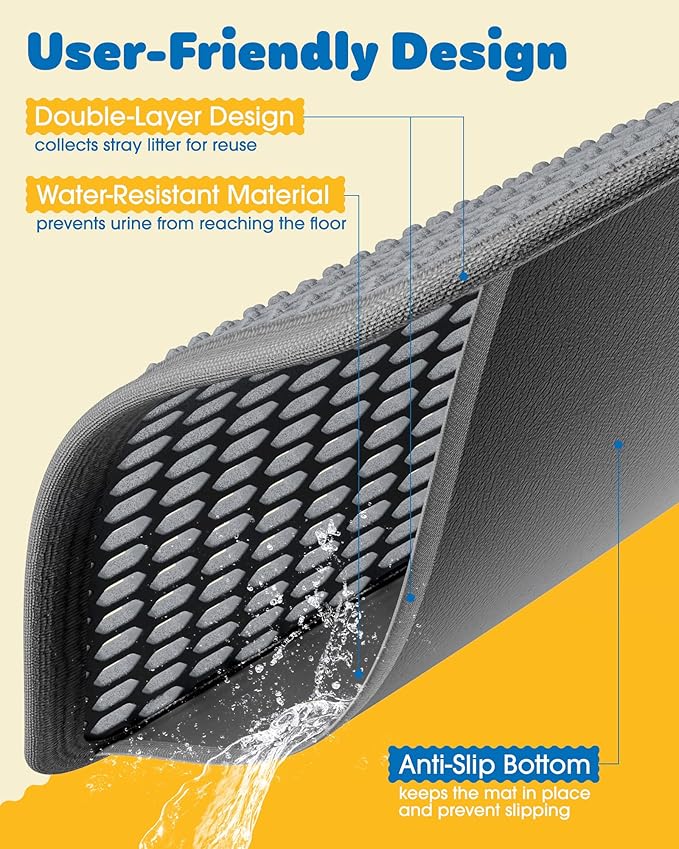 35" x 30" Cat Litter Mat - Ultra-Large Litter Box Mat with Double Layers, Urine-Proof and Non-Slip Litter Trapping Mat, Easy to Clean Kitty Litter Mats for Floor, Scatter Control, Grey-Mewly Pet