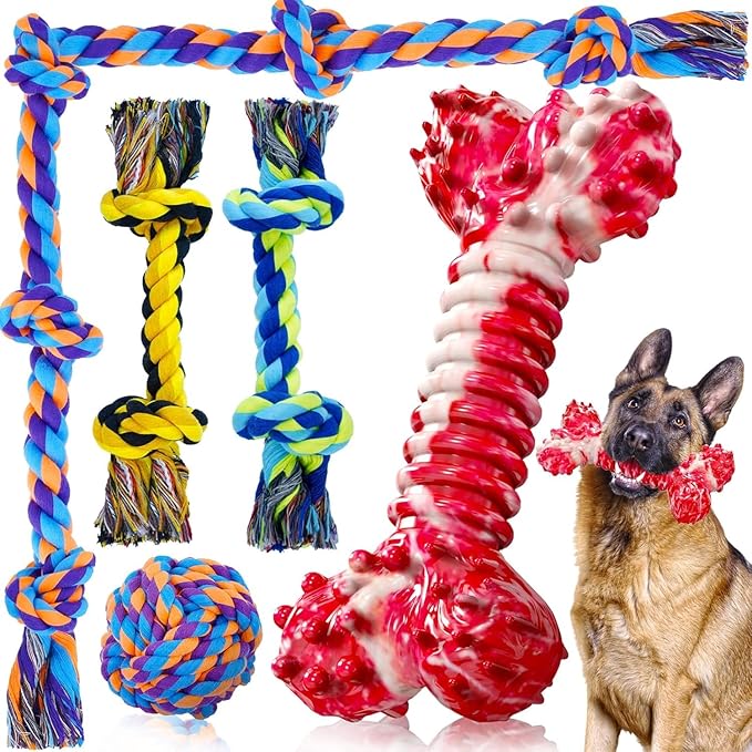SHARLOVY Dog Chew Toys for Aggressive Chewers, 5 Pack Indestructible Dog Toys for Large Breed, Cotton Rope Toys, Tough Bone Chew for Aggressive Chewers Large Breed-Mewly Pet