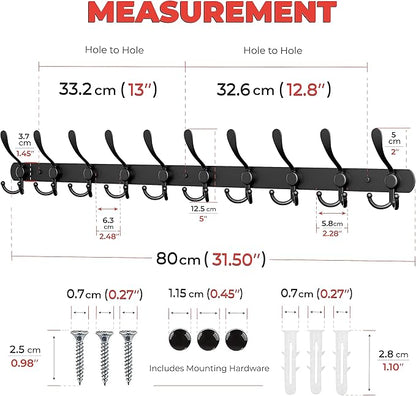 Coat Rack Wall Mount with 10 Tri Hooks, Stainless Steel 32 Inch – Black Matte Finish, Heavy Duty Wall Mounted Hook Rack for Coats, Hats, Towels, Scarfs, Robes, Bags, Entryway & Bathroom