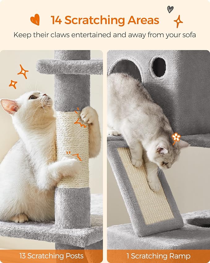 Feandrea Cat Tree, 81.1-Inch Large Cat Tower with 13 Scratching Posts, 2 Perches, 2 Caves, Basket, Hammock, Pompoms, Multi-Level Plush Cat Condo for Indoor Cats, Light Gray UPCT190W01-Mewly Pet