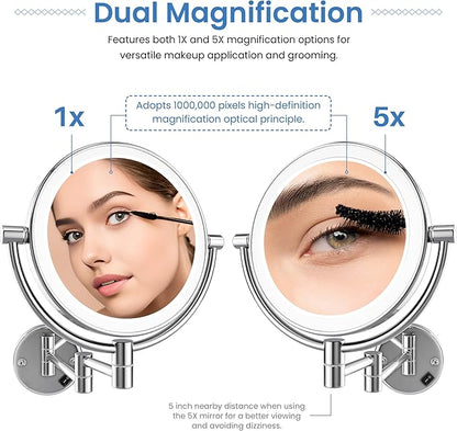 KIBI Circular Wall Mount Makeup Mirror with LED Lights, Dual-Sided 1x/5x Magnifying Mirror with Adjustable Arm, 360° Swivel, Solid Brass Construction for Durability and Style (Chrome, KMM101)