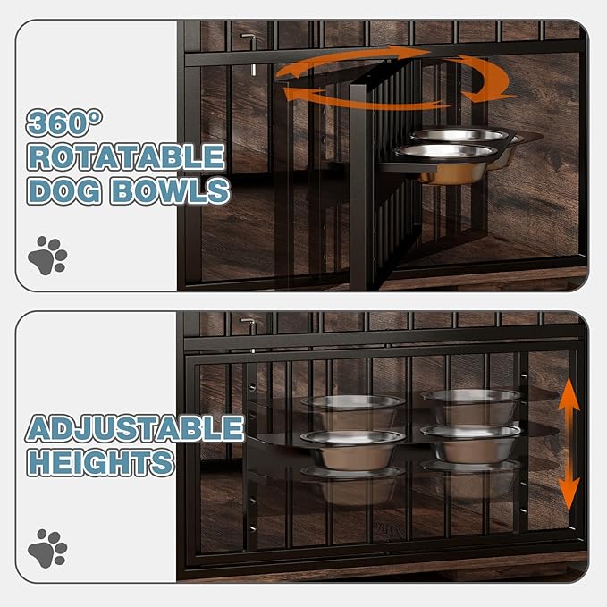 86.6Inch Large Double Dog Crate Furniture,Heavy Duty Metal Frame Dog Crate Kennel with Adjustable Feeder Bowls and Removable Divider&Drawers,Chew-Resistant Dog Kennel for 2 Dogs Indoor-Mewly Pet