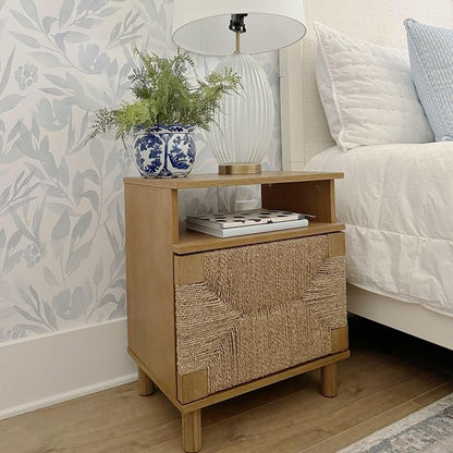 Nathan James Beacon Wood Nightstand, Bohemian Accent Table or Sofa Side Table with Seagrass Door for Bedroom or Living Room, Light Brown, Set of 2