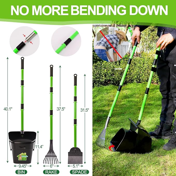 LANNEY Pooper Scooper - 38" Long Adjustable Metal Handle Dog Pooper Scooper Swivel Bin & Rake & Spade with 50 Bags Attachment, Portable Heavy Duty Dog Poop Scooper for Yard Dogs Large Medium Small-Mewly Pet