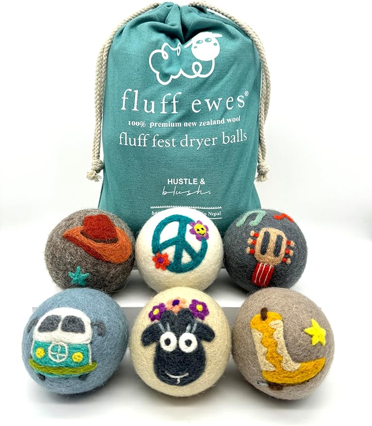 Fluff Ewes Wool Dryer Balls 6 Pack Premium New Zealand Wool Laundry Balls for Dryer, No Static Dryer Balls Laundry Reusable, XL Wool Dryer Balls Cute, Baby Dryer Balls for Dryers - Fluff Fest-Mewly Pet