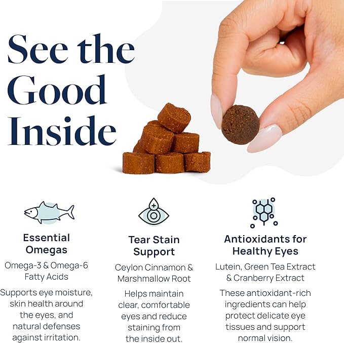 Veterinary Formula Eye Health Supplement for Dogs – Vet-Formulated Tear Stain Chews with Omega 3, Lutein & Cranberry – Smart Vitality Supports Eye Moisture, Stain Reduction & Immunity, 60 Soft Chews-Mewly Pet