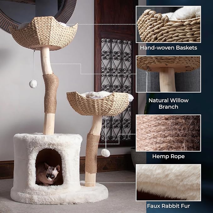 The Bungalow Cat Tree - Luxury Cat Condo, Large Modern Indoor Tower with 2 Faux Fur Beds, Scratching Posts, Toys, and Den for Cats, 23.5-Inch Width x 18-Inch Depth x 43-Inch Height-Mewly Pet
