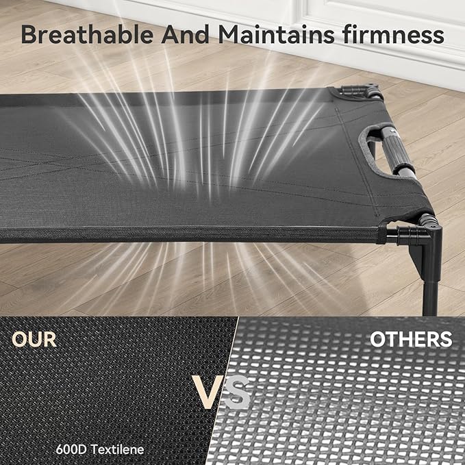 Petsfit Elevated Raised Outdoor Dog Bed - Cooling Elevated Dog Cot, Upgraded Adjustable Firmness Pet Bed，Pet Hammock Bed with Chew Proof Breathable Teslin Mesh，Non Slip, Black 42”-Mewly Pet