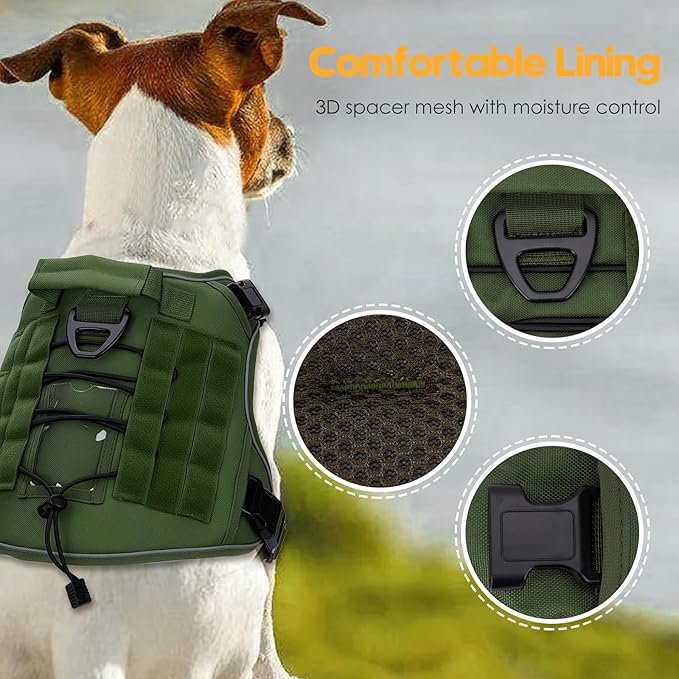 Heavy-Duty Tactical Dog Harness for Large Dogs, No Pull Adjustable Reflective Pet Vest with Molle System, K9 Military-Grade Control for Service Training, Outdoor & 10+ Breeds, Green, XX-Large-Mewly Pet