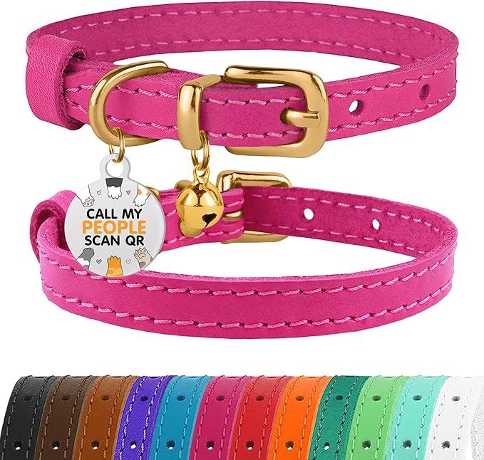 BRONZEDOG Leather Cat Collar with Removable Bells Non Breakaway Kitten QR Tag for Girl Boy (9" - 12" Cats/Mini Dogs, Pink & Gold)-Mewly Pet