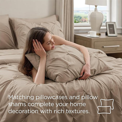 Bedsure Queen Comforter Set Khaki - Bed in a Bag Queen Size Bedding 7 Pieces, GentleSoft™ Pintuck Bed Set Gift for Family, Pinch Pleat All Season Comforter with Sheets, Pillowcases & Shams