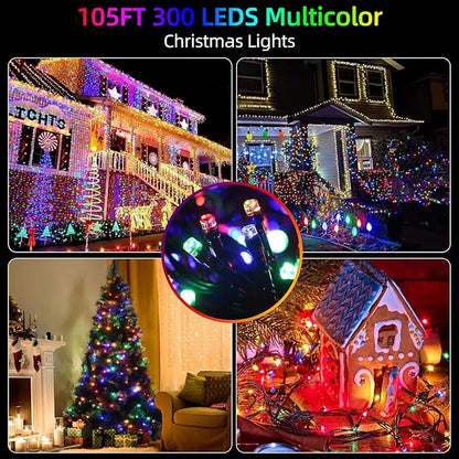 105FT 300LEDs Christmas Lights Outdoor Indoor String Lights 8 Modes Memory Function for Christmas Tree Party Decoration, 100% UL Listed (4 Sets CONNECTABLE) Multi-Color