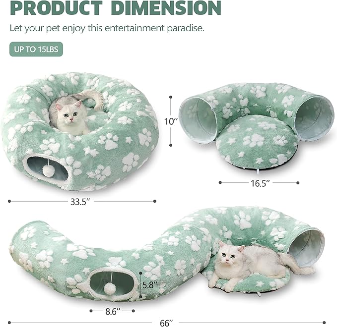 Cat Tunnel for Indoor Cats, Cute Peekaboo Cave with Dangling Balls, Pet Donut Tunnel Bed with Circle Mat for Puppy Kitten Rabbit, Green-Mewly Pet