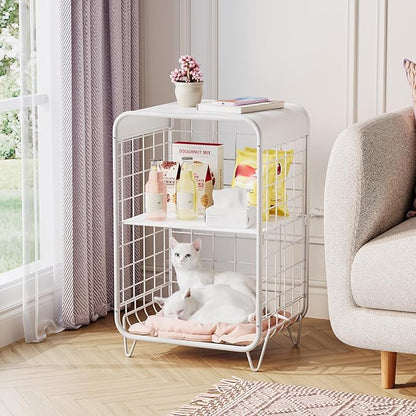 APEXCHASER Cute Nightstand,Metal Side Table,3 Tier End Table with Storage,Vintage Bedside Table,Girls Bedroom Furniture,Coffee Table for Living Room,Bedroom,Dorm,White