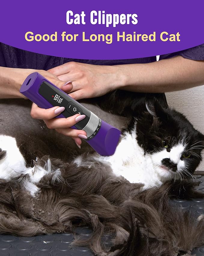 oneisall Cat Grooming Clippers for Matted Long Hair, 5-Speed Cat Grooming Kit Cordless Low Noise Pet Hair Clipper Trimmer Shaver for Dogs Cats Animals (Purple)-Mewly Pet