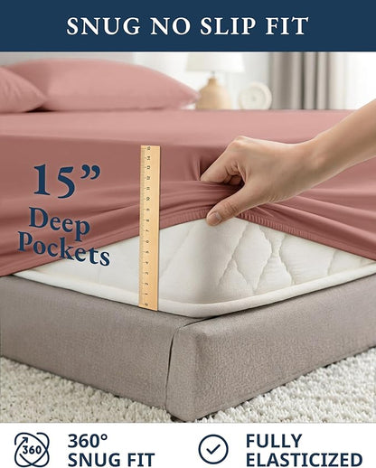 LANE LINEN 100% Organic Cotton Fully Elasticized King Sheet Set, Low Pilling Fade Resistant Machine Washable Naturally Cooling King Bedding Set, Mercerized Soft & Comfy Cotton Sheets – Rose Dawn