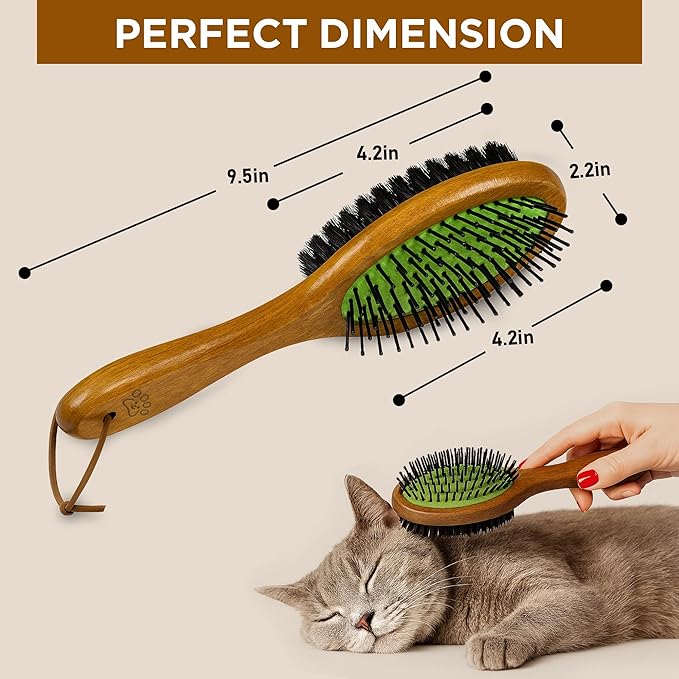 TAKAVU Pin & Bristle Pet Brush for Dogs & Cats - Double Sided Grooming Tool Detangles, Removes Loose Hair & Conditions Coat - Wood Handle-Mewly Pet