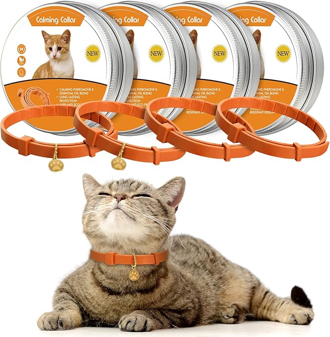 4 Pcs Cat Calming Collar Adjustable Lavender Scent Relaxing Cat Collar with 2 Pendant for Puppies Reduce Stress Aggression Anxious, up to 15 Inches(Orange)-Mewly Pet