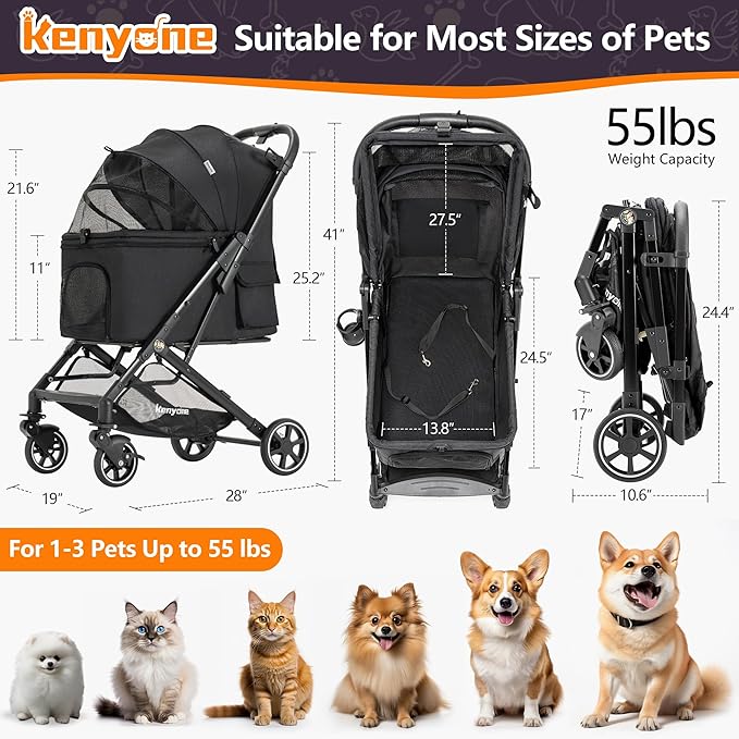 Medium Dog Stroller, Kenyone Pet Stroller for Medium Dogs Up to 55lbs, Lightweight Aluminum Frame, One Click Folding, Large Cat Stroller with No Zip Entry, Detachable Mesh, Multiple Pockets-Mewly Pet