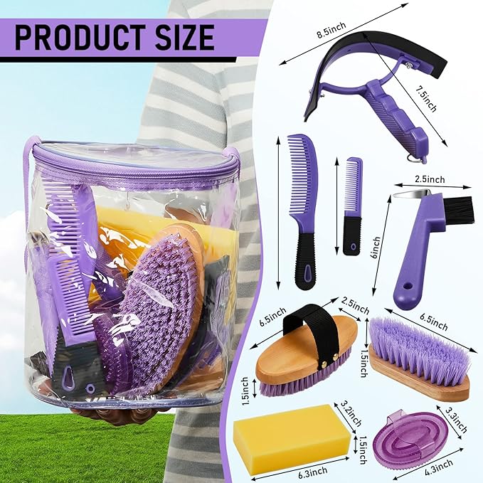 9 Pieces Horse Grooming Kit Tack Room Supplies Set with Organizer Tote Bag, Oval Massage Curry, Hard and Soft Brush, Hoof Pick, Sweat Scraper, Bathing Sponge, Combs for Horse Riders Beginners (Purple)-Mewly Pet
