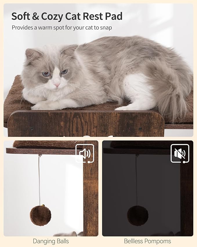 FourFurPets Modern Cat Tree, 58-Inch Cat Tower for Large Cats, Maine Coon Cat Tree with Scratching Board, Large Perch, Hammock and Removable Pads, Rustic Brown-Mewly Pet