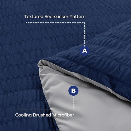 HYMOKEGE Navy Blue/Light Grey Twin XL Comforter Set Seersucker 5 Pieces, All Season Luxury Bed in a Bag for Bedroom, Bedding Set with Comforter, Sheets, Pillowcase & Sham