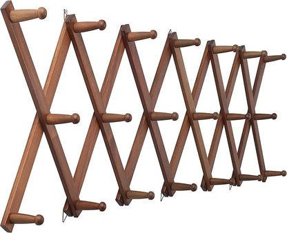 WEBI Accordion Wall Hanger,Expandable Wooden Coat Rack Wall Mounted,Accordion Hat Rack for Wall,Accordion Hook Rack for Hats,Caps,20 Peg Hooks,Walnut Color