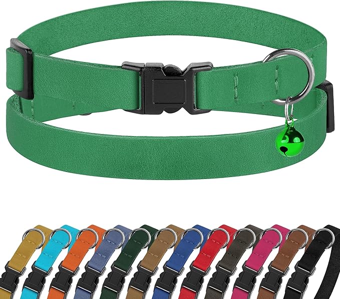 Breakaway Cat Collar Leather with Removable Bell - 13 Colors Available - Soft Adjustable Girl Boy Safety Lightweight Pet Kitten Collars Pink Brown Blue Green Red Orange Black (Green)-Mewly Pet