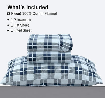 RUVANTI Flannel Sheets Twin Size - 100% Cotton Double Brushed Twin Sheets Set, Deep Pockets 16 Inches, All Seasons Breathable & Extra Soft Bed Sheets, Warm & Cozy, 3 Piece, Illusion Check