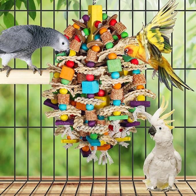 Medium Large Parrot Toys 20in Chewable Bird Toy with Coconut Shell, Poplar Wood, Corn Cob, 112 Schima Wood Beads Bird Shredding Toys Parakeet Macaw Cockatiel Conure African Grey Parrot Gifts-Mewly Pet