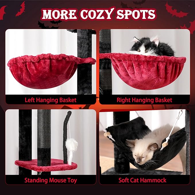 Gothic Cat Tree for Large Cats, 78.7"(200cm) Tall Cat Tower for Indoor Cats Multiple Cats with Large Top Perch, Cat Condo, Cat Hammcok, Cat Scratching Post, Black and Red GCT031BR-Mewly Pet