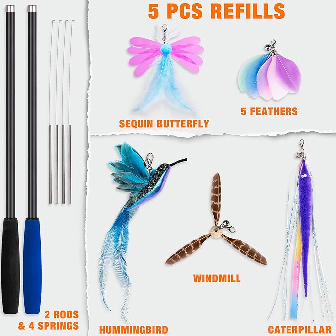 JXFUKAL 2025 Latest Cat Toys, 2 in 1 Spring Cat Wand Toy with 2PCS Ultra-Long Cat Teaser, 4PCS Spring Steel Wire & 5PCS Feather Refills for Kitty Kitten Indoor Cats Accessories-Mewly Pet