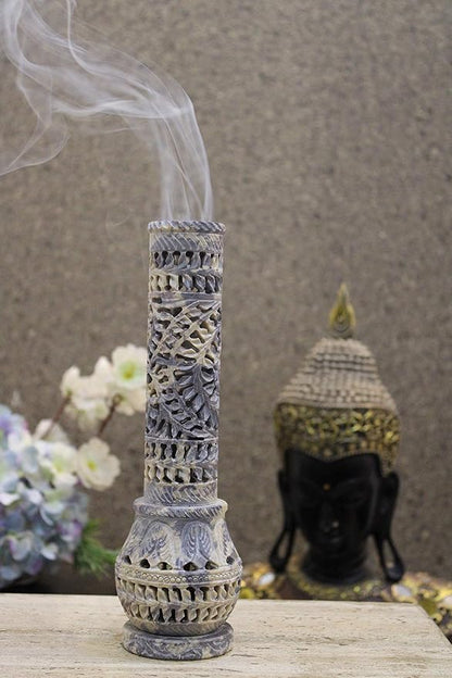 Carry Me Marble Soapstone Incense Stick Holder | Candle Burner | Tea Light Stand - Perfect Handmade Bottle Tower. Decorative Floral Carving for Gifting - Home and Office Decor - (2.5x2.5x10 Inches)