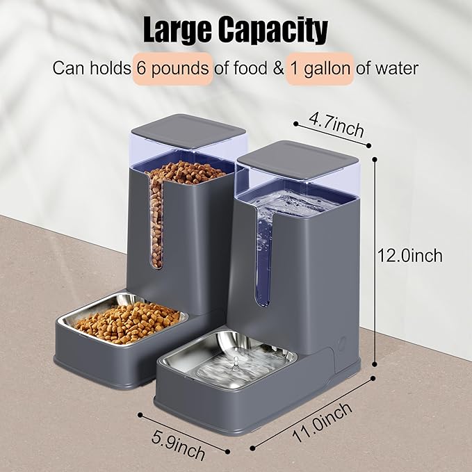 Automatic Cat Feeder and Cat Water Dispenser Set with Stainless Steel Bowls Gravity Dog Feeder for Small Medium Big Dog Pets Puppy Kitten, 3.8Lx 2-Mewly Pet