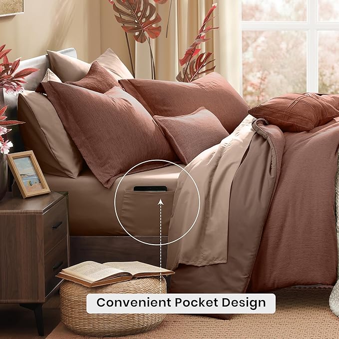Monbix Queen Comforter Set - 7 Pieces Cationic Dyeing Terracotta Bed in a Bag Queen Bedding Sets with Comforter, Sheets, Pillowcases & Shams, Reversible Bedding Comforters Sets