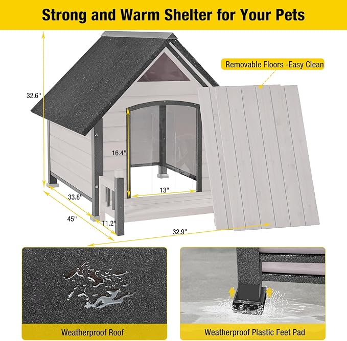 Aivituvin Dog House Outdoor with Metal Frame, Dog Kennel Outside for Small to Medium Breed, 45" Weatherproof Large Dog Shelter with Anti-Chewing Iron Frame, White (45" D x 32.9" W x 32.6" H)-Mewly Pet