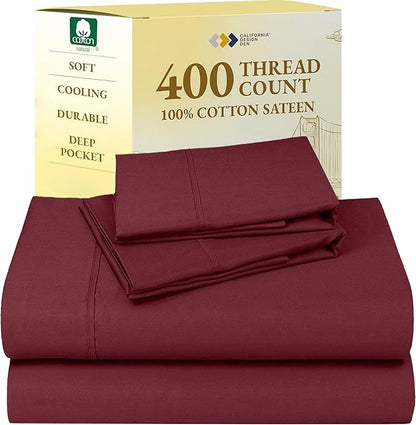 California Design Den Natural 100% Cotton Sheets, Soft Queen Sheet Set, 400 Thread Count Sateen, Deep Pockets with All-Around Elastic for a Snug Fit, Cool & Durable Bedding Set - Burgundy Red