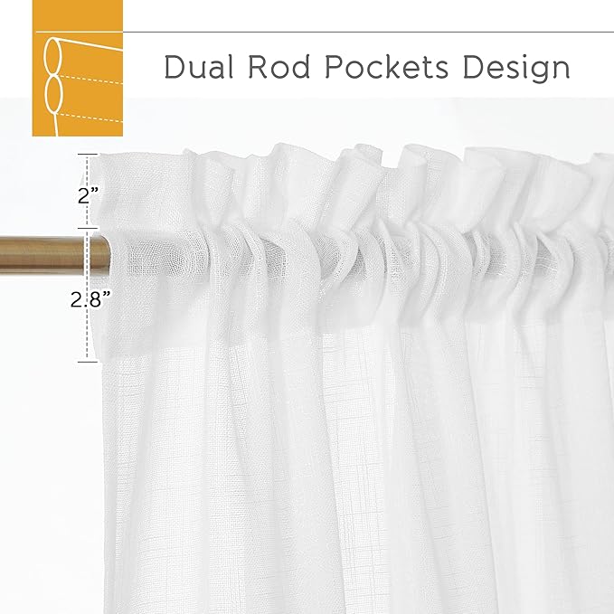 RYB HOME Solid Semi Sheer Curtains Rod Pocket Living Room/Bedroom, Linen Sheer Light Filtering Curtains 72 inches Long, White, W 52 x L 72 inch Length, 1 Pair