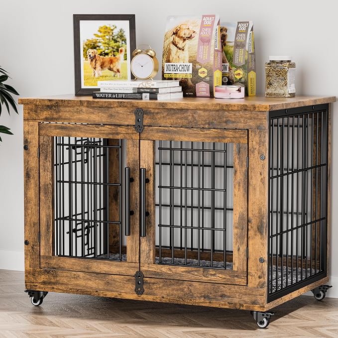 Lulive Dog Crate Furniture, Dog Kennel Indoor Double Doors Wooden Dog Cage, 32'' Heavy Duty Dog Crate with Cushion & Wheels, Decorative End Table Pet House Chew-Resistant for Medium/Small, Brown-Mewly Pet
