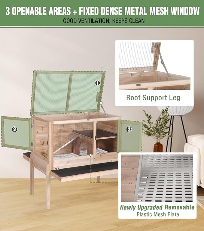 GUTINNEEN Guinea Pig Cage Rabbit Cage Indoor with Chew-Proof Edges, Clean Deep Tray, Leakproof PVC Layer, Small Animals Cage with Adjustable Legs - Natural Wood Color-Mewly Pet