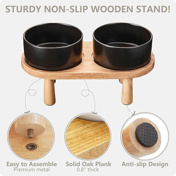 Ceramic Elevated Dog Bowls, Pet Food and Water Bowl Set for Large Dogs, 7.5 Cups Dog Bowls Raised with Wood Stand, 61OZ, Black-Mewly Pet