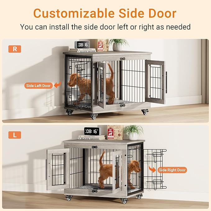 Lulive Small Dog Crate Furniture Set of 2, Dog Kennel Indoor Double Doors Wooden Dog Cage, 27'' Heavy Duty Dog Crate with Cushion & Wheels, End Table Pet House Chew-Resistant Up to 30 lb, Grey-Mewly Pet