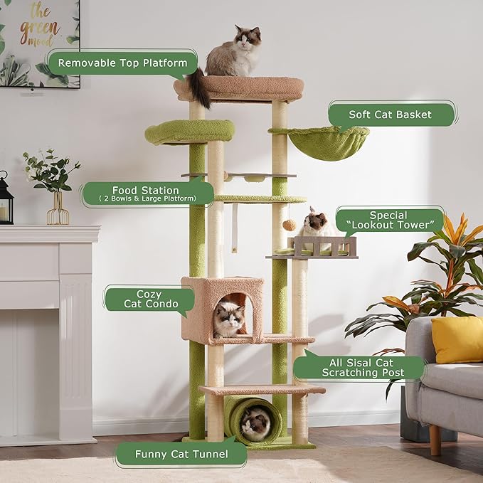 Cat Tree with Tunnel, Cat Tower for Indoor Cats, Tall Cactus Cat Tree Tower with Cat Condo, Food Station, Large Platform, Scratching Posts, Hammock, Green and Yellow GCT021GY-Mewly Pet