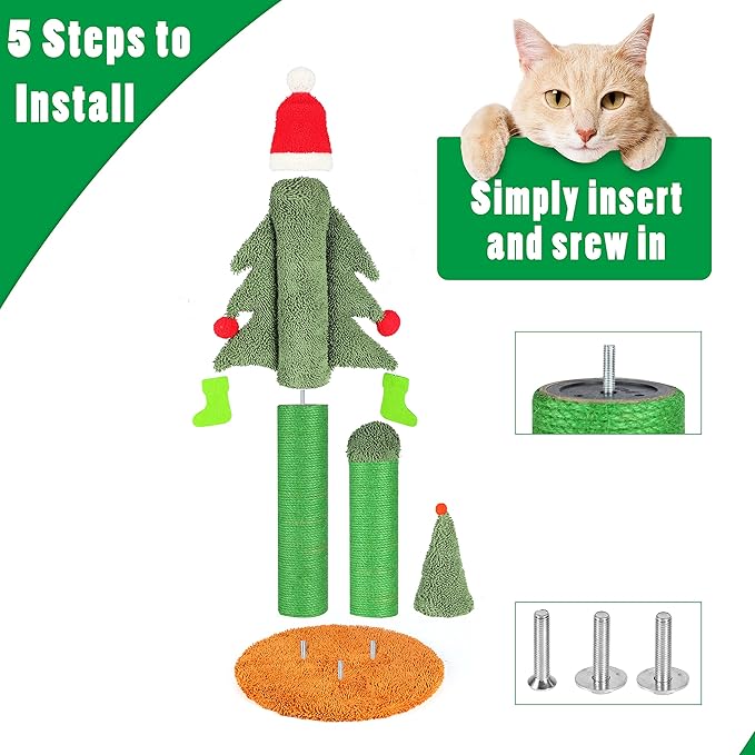 32” Cat Scratching Post, Tall Christmas Tree Cat Scratcher with 3 Posts and Cute Dangling Teaser Balls, Natural Sisal Rope Cat Toys for Kitty and Adult Cats-Mewly Pet