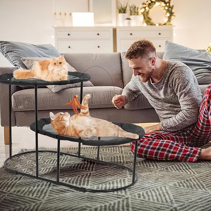 Defined Deco 2 Tier Elevated Cat Hammock Bed, Furniture Cat Bed Breathable Comfortable, Raised Cool Ca t Hammock for Indoor Cats, with Removable Mesh and Steel Frame for Summer-Mewly Pet