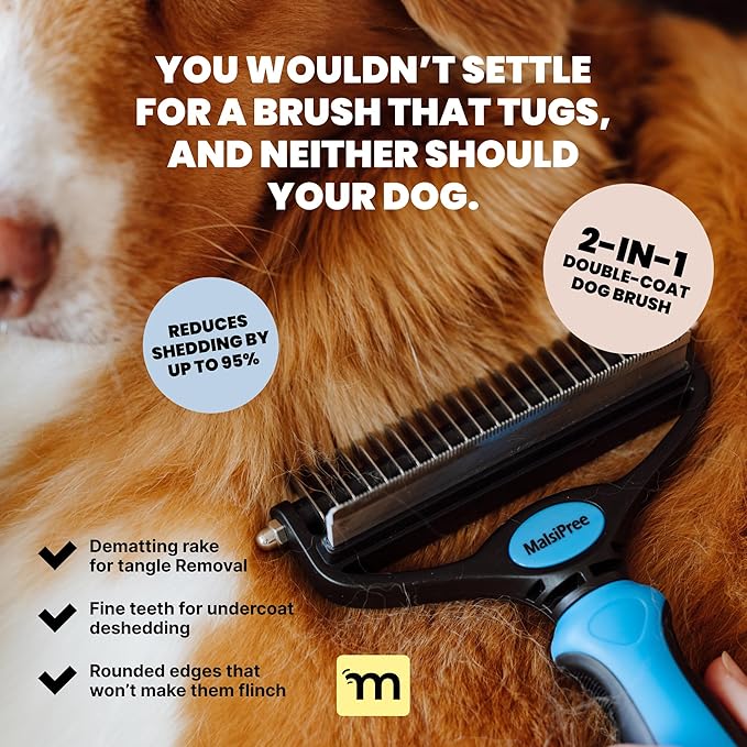 MalsiPree Dog Brush for Shedding - 2 in 1 Undercoat Rake Deshedding Tool for Medium to Large Double-Coated Dog Grooming - Pet Dematting Comb - Pet Deshedder (Blue)-Mewly Pet